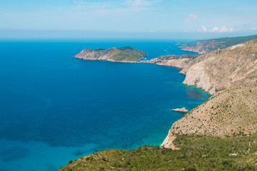 Beautiful panoramic morning view of Assos peninsula in Kefalonia Greece