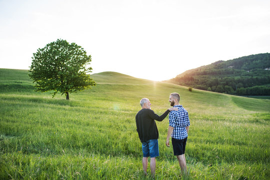 An adult hipster son with senior father walking in nature at sunset.