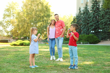 Obraz premium Szczęśliwa rodzina z dziećmi spędzać razem czas w zielonym parku w słoneczny dzień