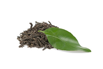 pile of tea and green tea leaf on white background
