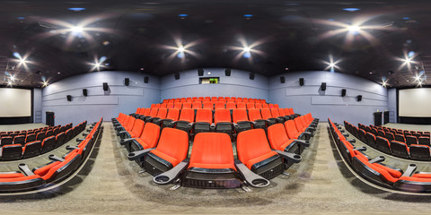 Moscow-2018: 3D spherical panorama with 360 degree viewing angle of empty cinema hall interior with...