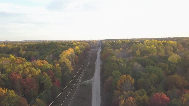 Power lines in autumn countryside, Michigan aerial