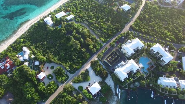Overhead aerial, coastal town in Turks and Caicos