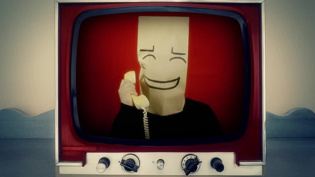 A retro vintage TV showing a shy bashful breadbag face, in a conversation on a rotary telephone. Close-up shot.
