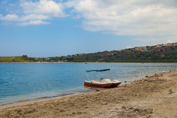 Pedal catamaran at the coast of lake Kournas at Crete island in Greece