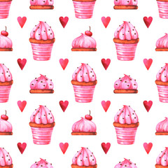 Hand painted seamless pattern with watercolor muffin, cake and red heart isolated on white background