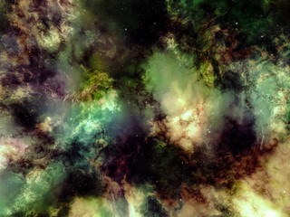 Nebula glowing gaz clouds with stars in deep space, background illustration