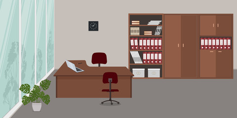 Interior of an office room with a large window. There is a desk, red chairs, cabinets for documents and a flower in the picture. On the desk is a laptop. Vector illustration.