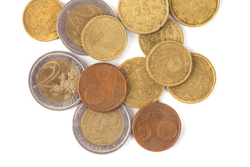 Coins of euro and cents, currency of European market on white background