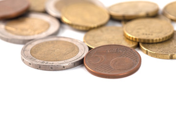 Coins of euro and cents, currency of European market on white background