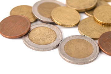 Coins of euro and cents, currency of European market on white background