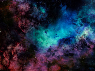 Obraz na płótnie Canvas Pink nebula clouds and blue glowing gaz with stars in space
