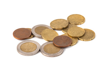 Coins of euro and cents, currency of European market on white background
