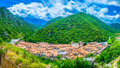 Aerial view of Villefranche de Conflent village in France - obrazy, fototapety, plakaty