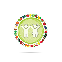 children with organic fruit and vegetable illustration