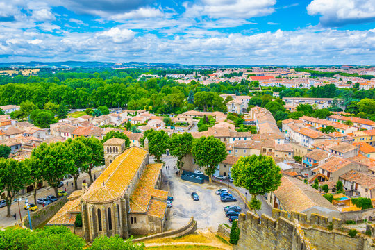 Aerial view of Carcassonne with church of Saint Gimer