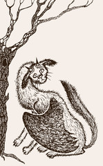 A fantastic winged cat sits under magic tree