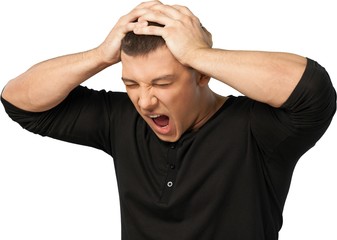 Fototapeta premium Portrait of young man in black shirt isolated on white