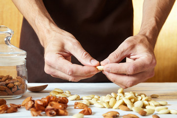 peeled almonds on the table.