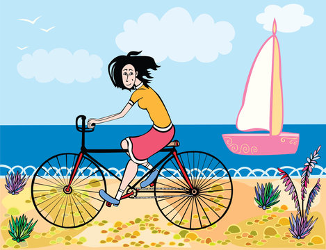 A girl is riding a bicycle along the seashore
