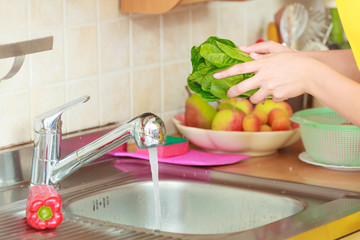 woman washing fresh vegetables in kitchen