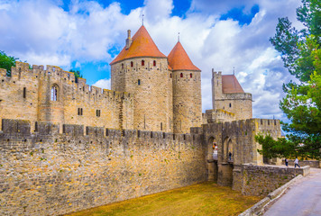 Porte Narbonnaise leading to the old town of Carcassonne, France