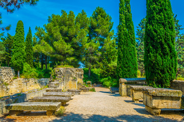 View of a garden inside of the Fort Saint Andre in Villenueve les Avignon, France