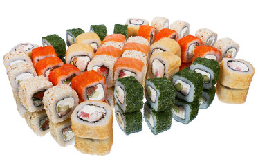 A set of sushi with reflection on white background