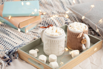 Obraz na płótnie Canvas Hot chocolate with marshmallows on soft plaid background with Christmas lights. Perfect winter time treat.
