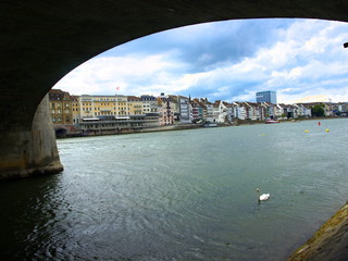 View of Basel from under Mittlere Bridge, Rhine, Switzerland