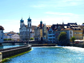 Old town of Lucerne, view from Spreuer Bridge, Jesuit Church, Reuss River, Switzerland