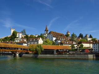 View of Spreuer Bridge and old Lucerne through Reuss River, Switzerland