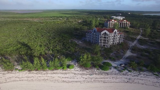 Aerial, abandoned building in Turks and Caicos