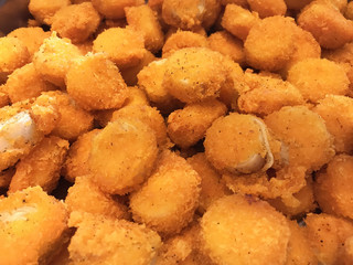 Asian Buffet Food menu: Delicious Deep Fried Scallop with Tartar Sauce. Thai seafood restaurant banquet dish concept.