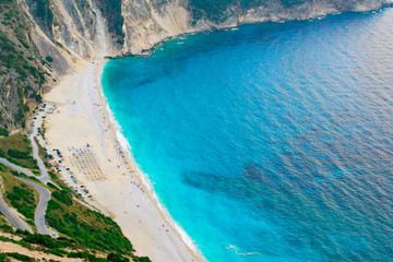 Aerial view of Myrtos beach in Kefalonia ionian island in Greece. One of the most famous beaches in the world with turquoise crystal clear sea waters 