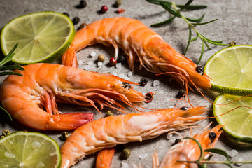 Tiger shrimps with lime, lemon, rosemary and black pepper spices on stone background. Fresh tasty prawns ready to be cooked