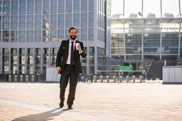 Obraz na płótnie Canvas Smiling handsome adult businessman walking to work