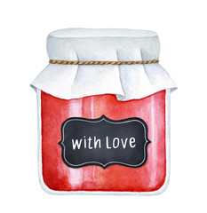 Red berry jam jar with vintage black chalk board note and warm text inscription 