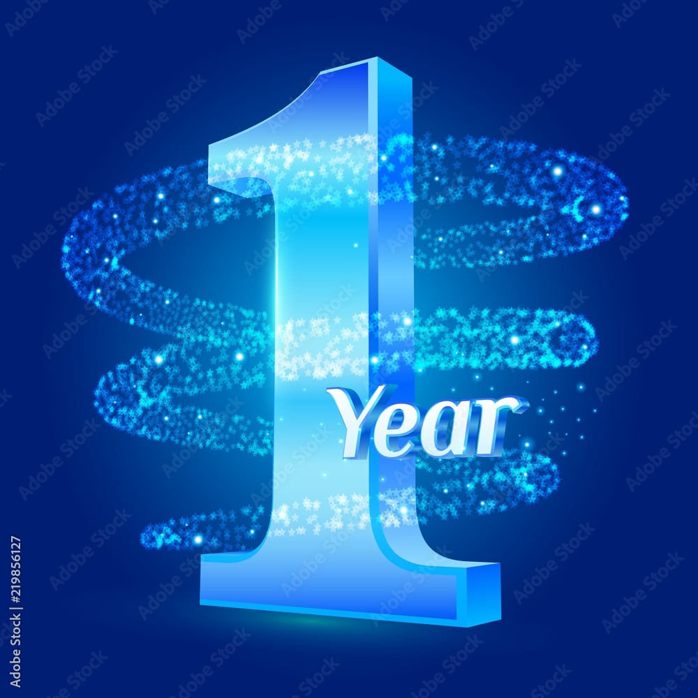 Wall mural 1 year shine anniversary 3d logo celebration with glittering spiral star dust trail sparkling partic