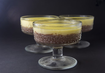Mousse, souffle, pudding with vanilla and chocolate in glass black, dark background.