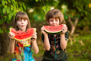 Funny little sisters girl eat watermelon in summer. Healthy eating concept