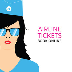 stewardess in blue uniforms with booking online ticket