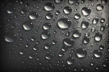shiny water drops on black background.