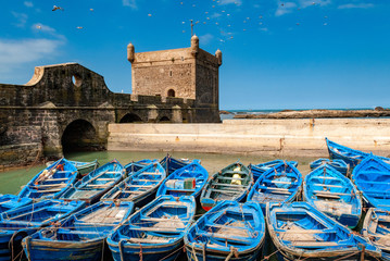 A fleet of blue fishing boats huddled together in the port of Essaouira in Morocco. You can also...