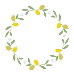 Wreath of leaves, lemon and lemon blossoms on white background
