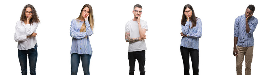 Group and team of young business people over isolated white background thinking looking tired and...