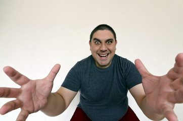 man alone on plain background different reactions