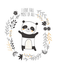 Vector postcard with panda surrounded by a plant wreath with autumn slogan