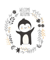 Vector postcard with penguin surrounded by a plant wreath with autumn slogan