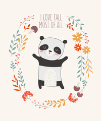Vector postcard with panda surrounded by a plant wreath with autumn slogan